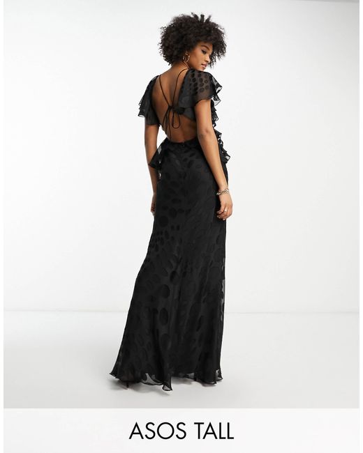 ASOS Black Asos Design Tall Satin Spot Flutter Sleeve Maxi Dress With Open Back