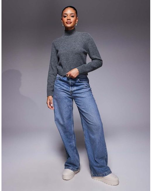 Kaiia Gray Exclusive High Neck Knitted Flare Sleeve Relaxed Jumper