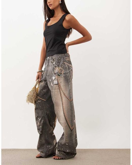AFRM Blue Walker Print Detail High Rise Five Pocket Barrel Pant