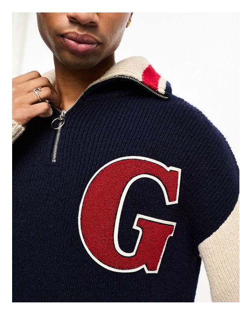 Gant Blue Collegiate Letterman Neppy Wool Knit Oversized Half Zip Jumper for men
