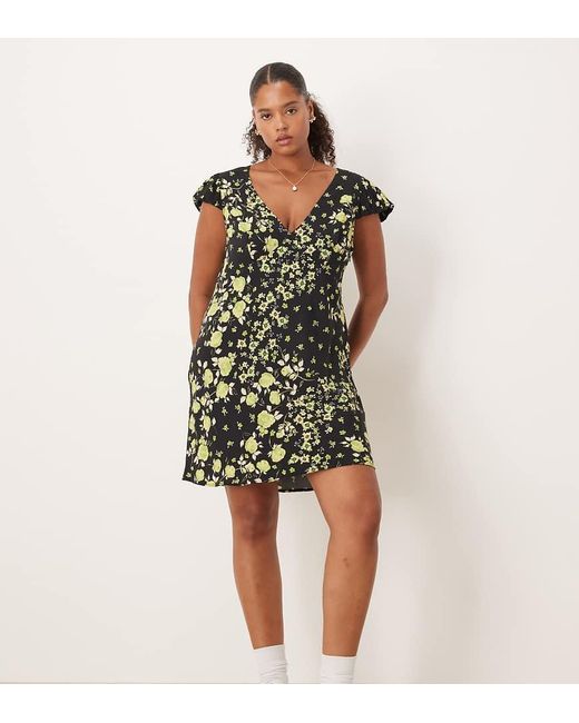 ASOS Green Asos Design Curve Puff Sleeve V-neck Mini Tea Dress
