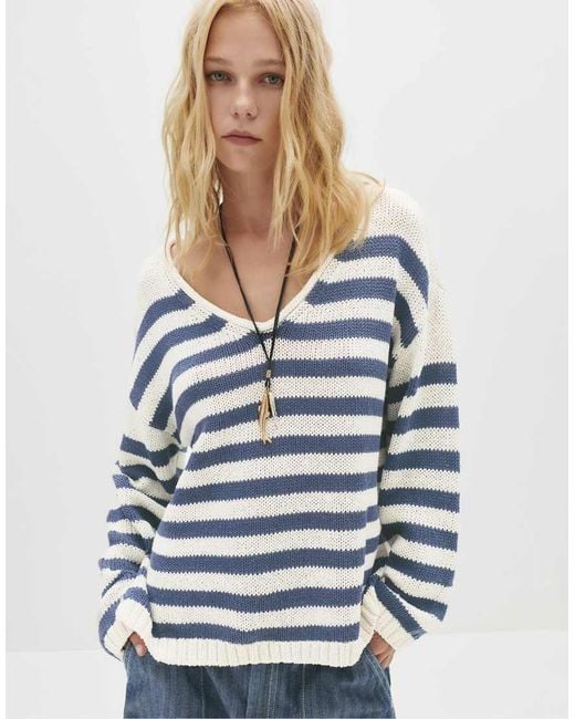Pull&Bear Blue Striped V-neck Sweater