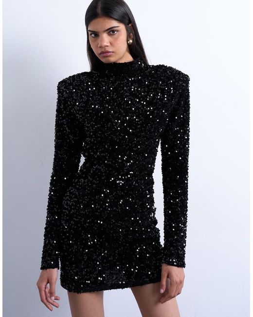 Vestido Corto De Manga Larga De Terciopelo Con Hombreras Y Lentejuelas De TOPSHOP de color White