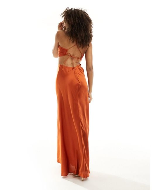 ASOS Orange Satin Chiffon Mix Gathered Cut Out Maxi Dress With Tie Back