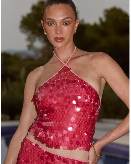 The Frolic Red Exclusive Disc Sequin Halterneck Top Co-Ord
