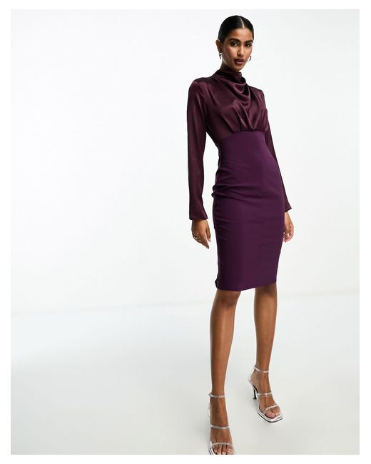 ASOS Purple High Neck Satin Midi Dress With Structured Skirt