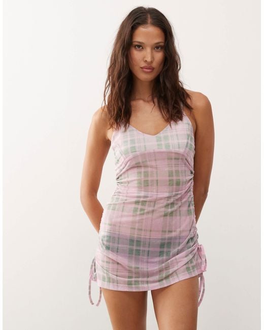 Collusion Purple Check Print Mesh Cami Dress