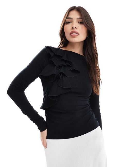 & Other Stories Black Jersey Long Sleeve Top With Ruffle Applique Detail