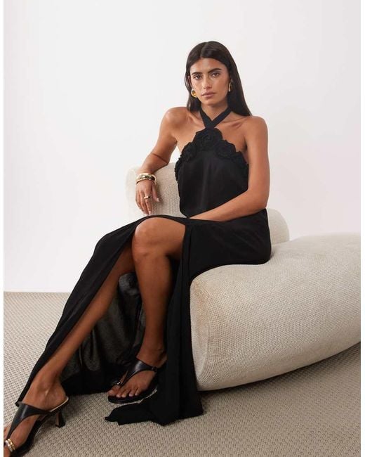 Mango Brown Rose Detail Halterneck Maxi Dress