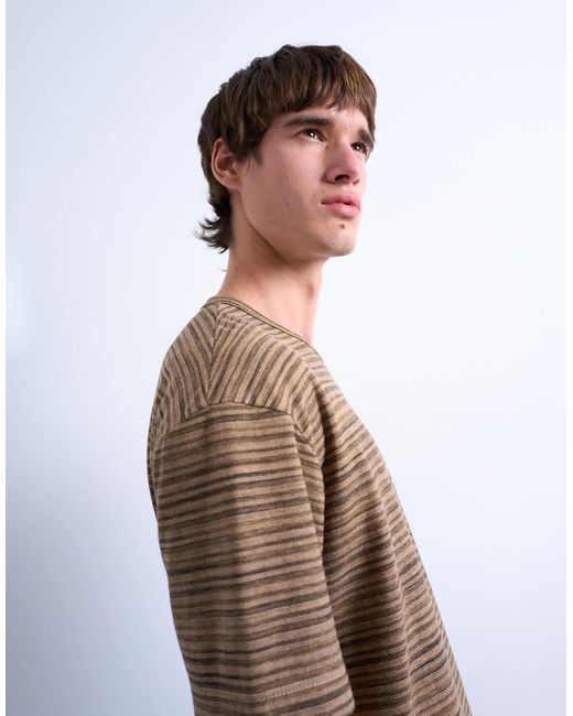 Topman Brown Oversized Fit Knitted Stripe T-Shirt for men
