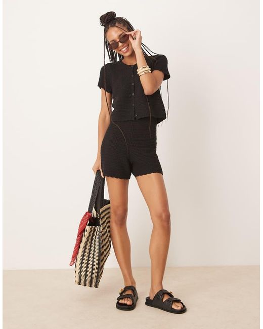 Gina Tricot Black Co-Ord Crochet Button Up Short Sleeve Top
