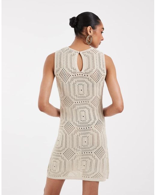 Aware White Sleeveless Patterned Crochet Mini Dress