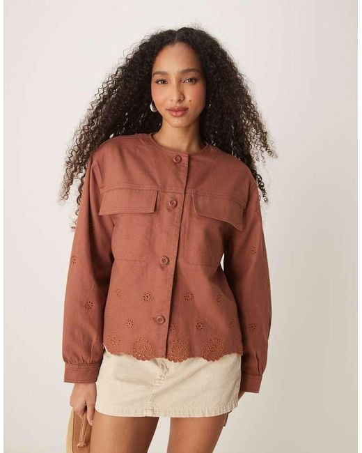 ASOS Brown Collarless Twill Broderie Jacket