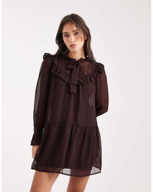 Wednesday's Girl Brown Collared Ruffle Long Sleeve Mini Dress