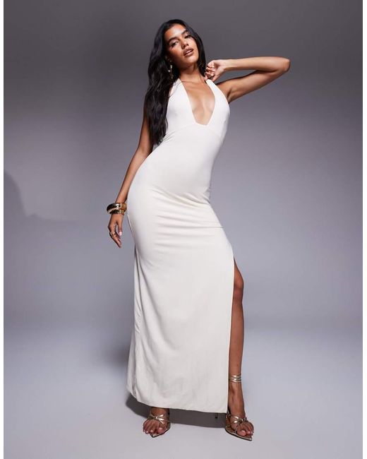 Oh Polly Gray Mei Plunge Thigh Split Midaxi Dress