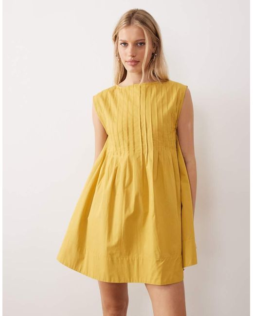 ASOS Yellow Slash Neck Mini Dress With Pintucks