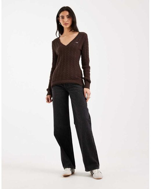 Hollister Brown Logo V Neck Cable Knit Jumper