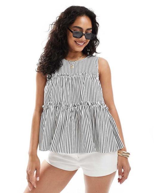 Object Gestreepte Top Met Peplum En Ruches in het Gray