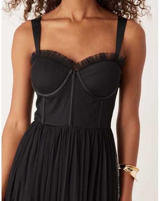 LACE & BEADS Black Tulle Corset Midi Dress
