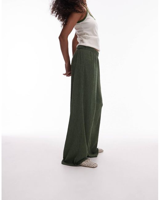 TOPSHOP Green Textured Wide Leg Trousers