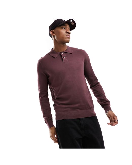 River Island Red Long Sleeve Essential Polo for men