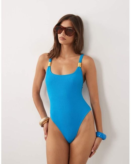 4th & Reckless Blue Crinkle Hardware Scoop Neck Swimsuit