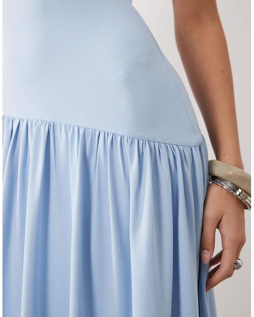 ASOS Blue Sleeveless Midi Dress With Dropped Seam And Bubble Hem