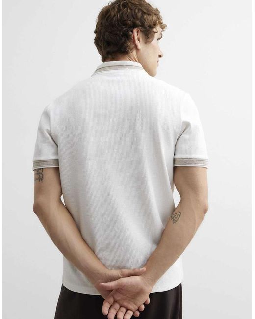 River Island White Slim Fit Zip Textured Tipped Polo Shirt for men