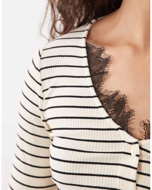 ASOS Multicolor Long Sleeve V Neck With And Lace Trim Top