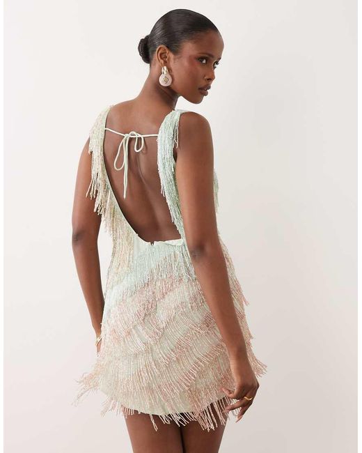 ASOS Natural Embellished Fringe V Neck Mini Dress