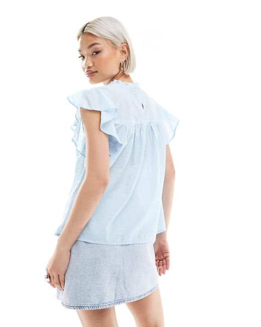 Vero Moda Blue High Neck Flutter Sleeved Embroidered Top