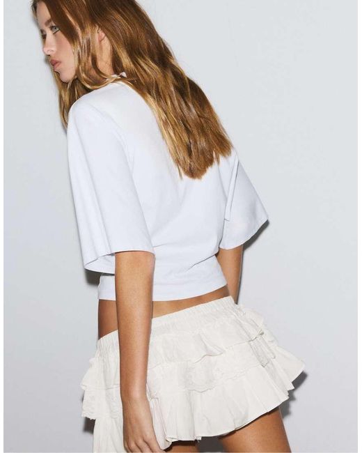 Stradivarius White Ruffled Mini Shorts