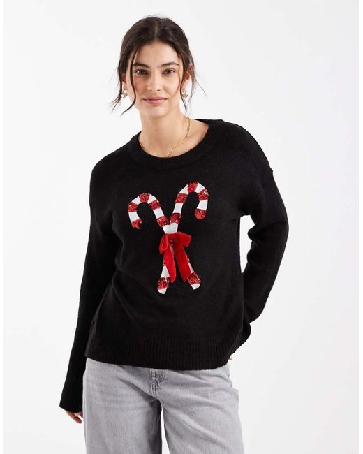Brave Soul Black Oversized Christmas Sweater With Sequined Candy Cane Detailing