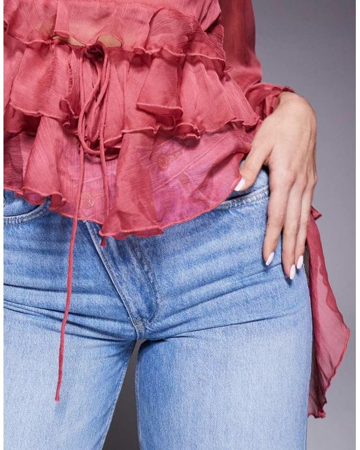 Bardot Red Anyssa Sheer Chiffon Ruffle Detail Bell Sleeve Cutout Blouse