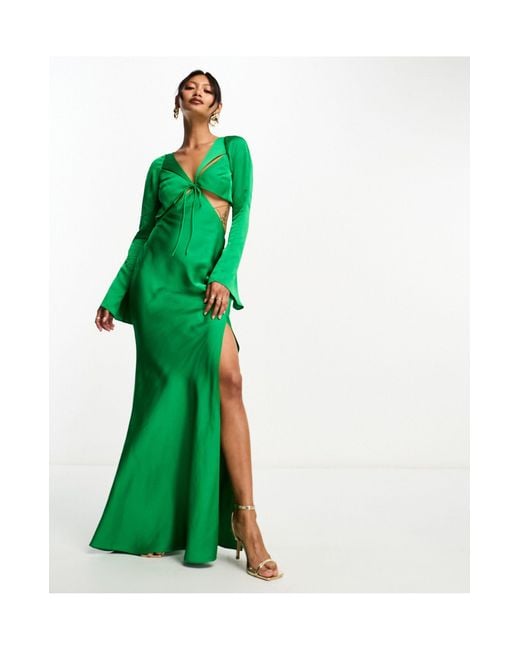 ASOS Green Satin Flare Sleeve Cut Out Maxi Dress