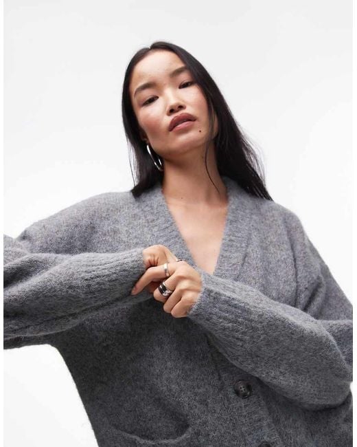 TOPSHOP Gray Knitted V-neck Fluffy Oversized Cardigan With Pockets