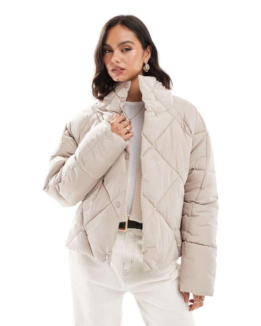 Miss Selfridge Natural Oversized Quilted Funnel Neck Crop Puffer Jacket