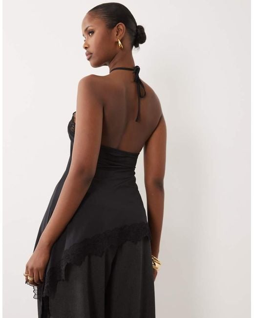 ASOS Black Slinky Long Line Lace Trim Asymmetric Halterneck Top