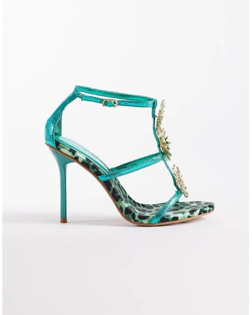 Public Desire Blue Kitten Heel Sandals With Metal Sun Details