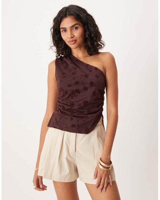ASOS Brown Asymmetric Draped Flocked Burn Out Floral Sheer Top