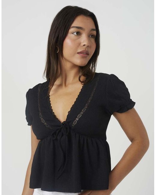 Brave Soul Black Bow Detail V-Neck Short Sleeve Top
