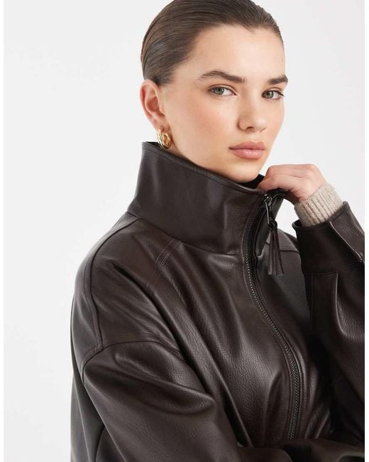 ASOS Gray Oversized Leather Look Funnel Bomber Jacket