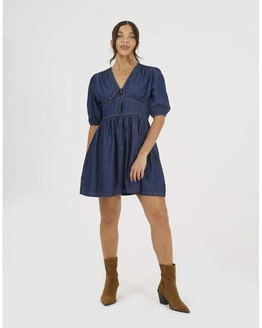 Brave Soul Blue Chambray Short Puff Sleeve Mini Dress