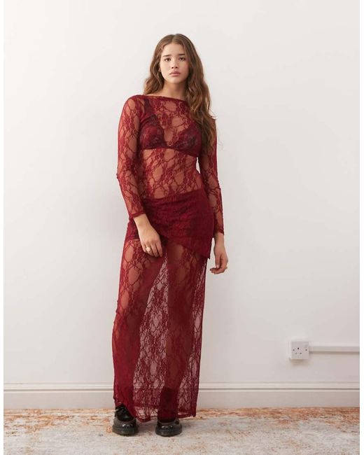 Reclaimed Vintage Red Lace Maxi Skirt Co-ord