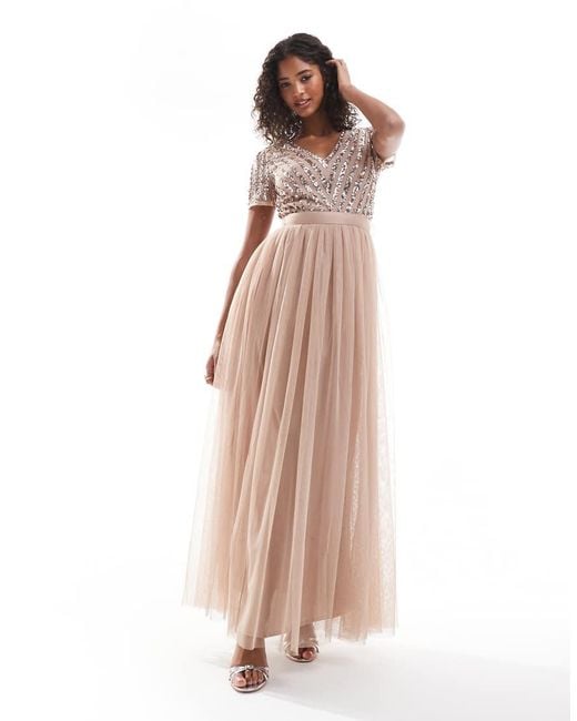 Maya Natural Belted Stripe Embellished Bridesmaid Maxi Dress