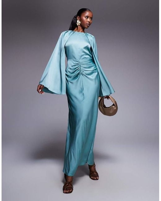 ASOS Blue Satin Long Sleeve Maxi Dress With Central Ruched Skirt
