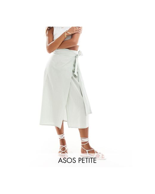 ASOS White Asos Design Petite Linen Wrap Detail Midi Skirt