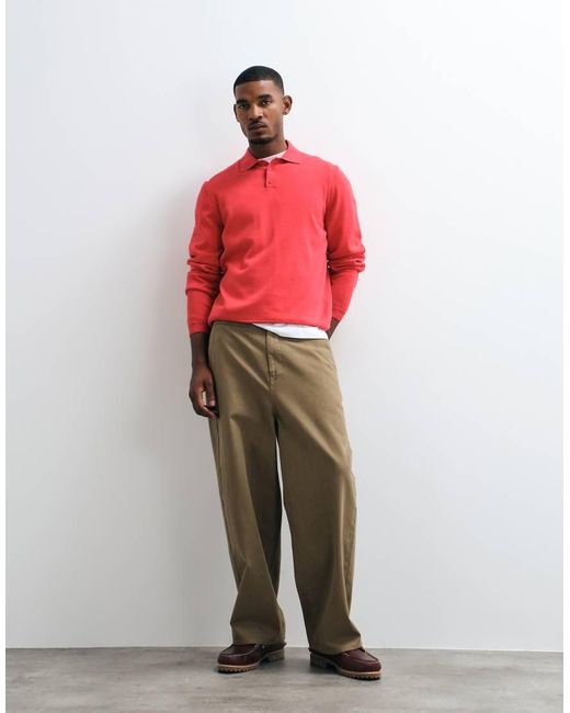 ASOS Red Relaxed Knitted Long Sleeve Polo for men