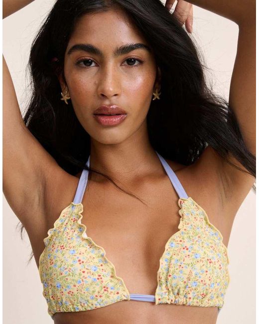 Nobody's Child Natural Ditsy Floral Frill Edge Bikini Top