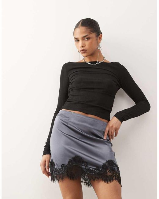 Noisy May Black Satin Mini Skirt With Lace Trim